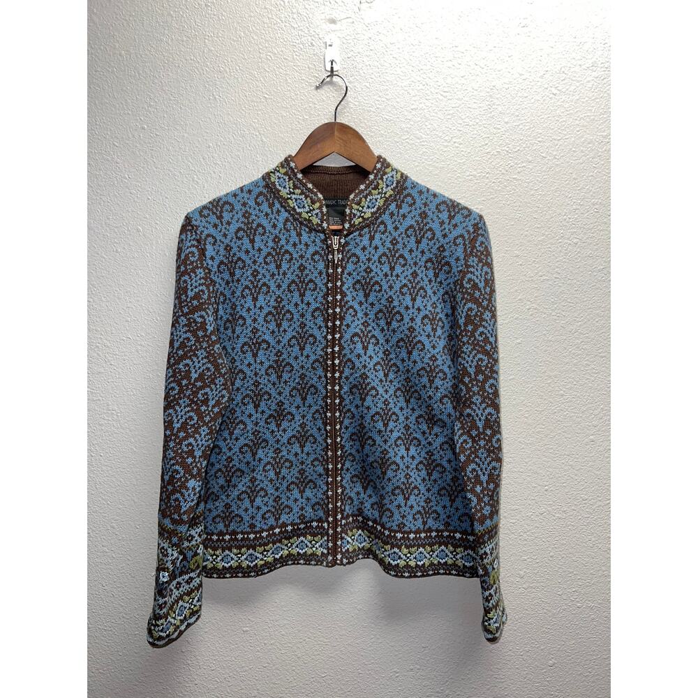 Womens Nomadic Traders Cardigan Sweater Zip Up Blue Ramie Damash Medium
